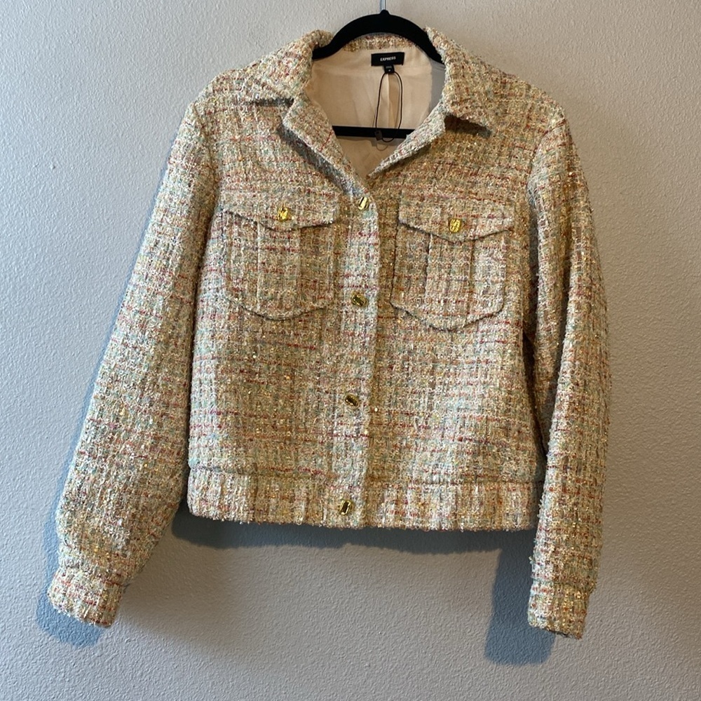 Sequin Tweed Novelty Button Cropped Bomber Jacket and shorts set - Picture 4 of 17